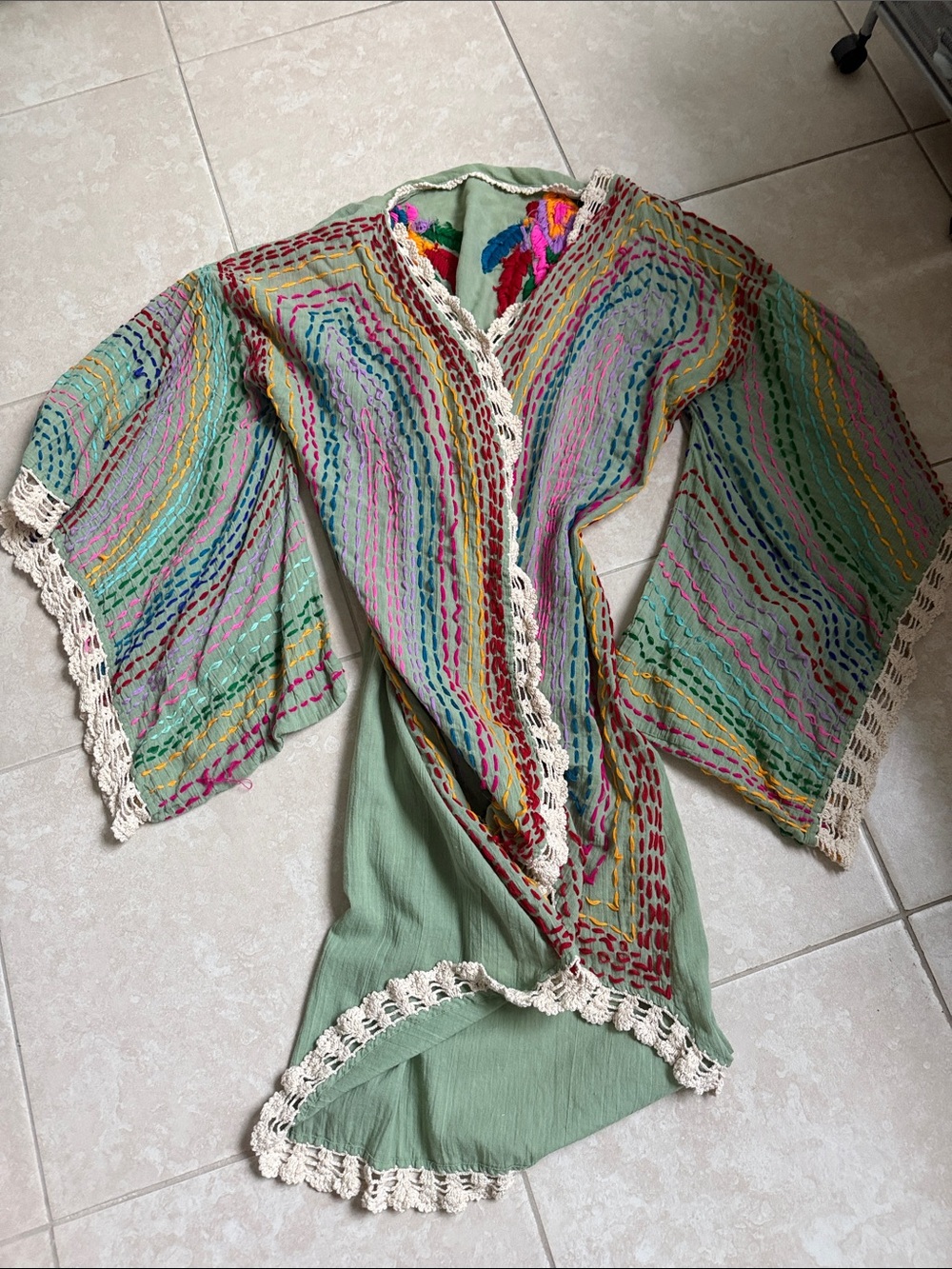 Boho Embroidered Open-Front Kimono in Sage Green